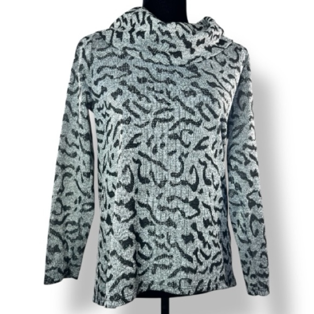 Chances R Cowl Neck Sweater Gray Black Animal Print Sparkly Sz M Fall Winter